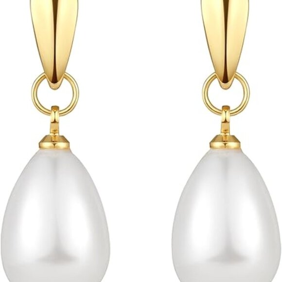 14k Gold Plated Lightweight Pearl Drop Earrings for Women Elegant Jewelry - Picture 1 of 6